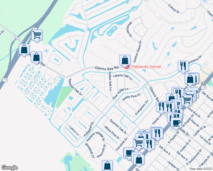 map of restaurants, bars, coffee shops, grocery stores, and more near 121 Coachman Lane in Myrtle Beach