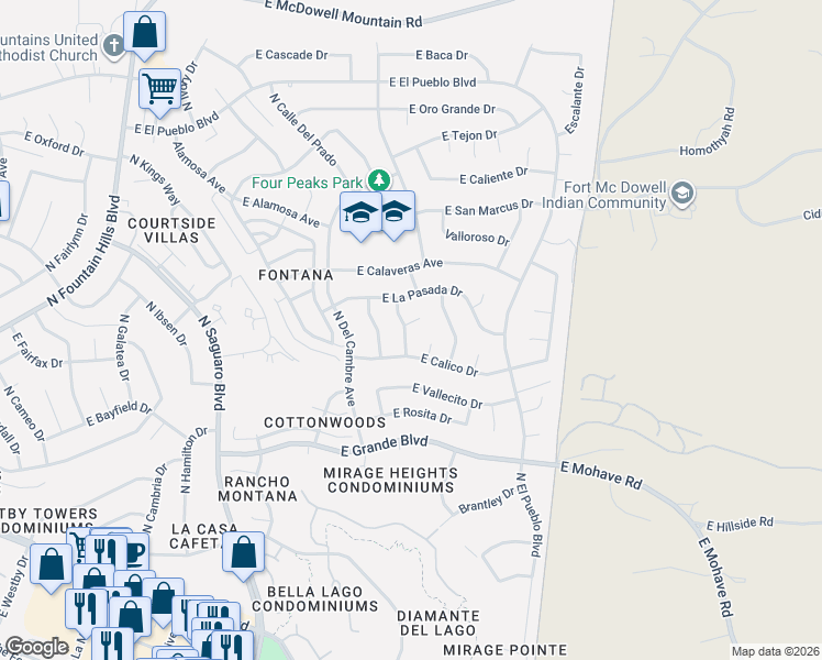 map of restaurants, bars, coffee shops, grocery stores, and more near 17205 East Lantern Lane in Fountain Hills