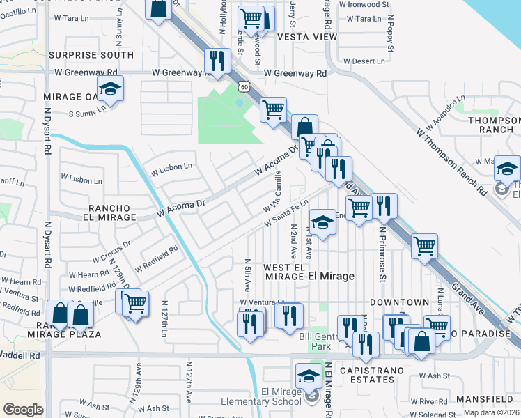 map of restaurants, bars, coffee shops, grocery stores, and more near 12466 West Via Camille in El Mirage