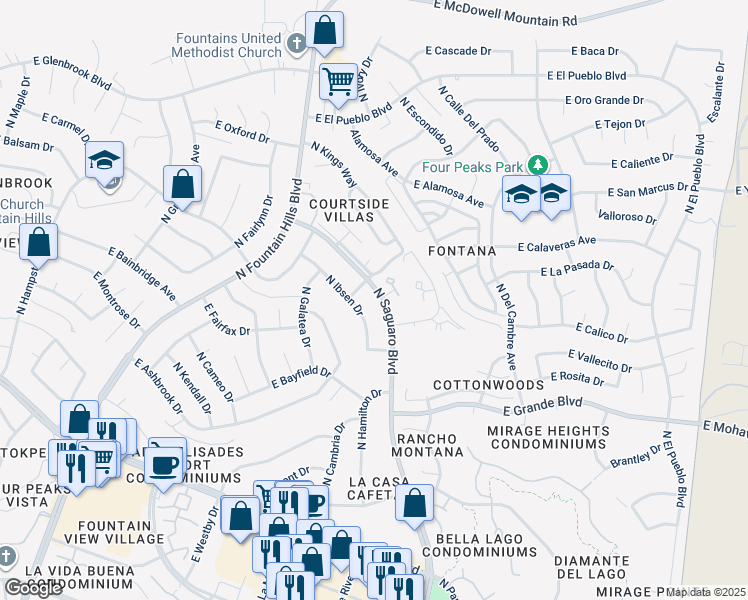 map of restaurants, bars, coffee shops, grocery stores, and more near 14249 North Ibsen Drive in Fountain Hills