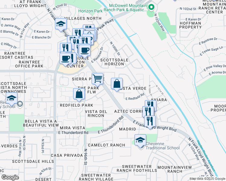 map of restaurants, bars, coffee shops, grocery stores, and more near 14343 North Frank Lloyd Wright Boulevard in Scottsdale