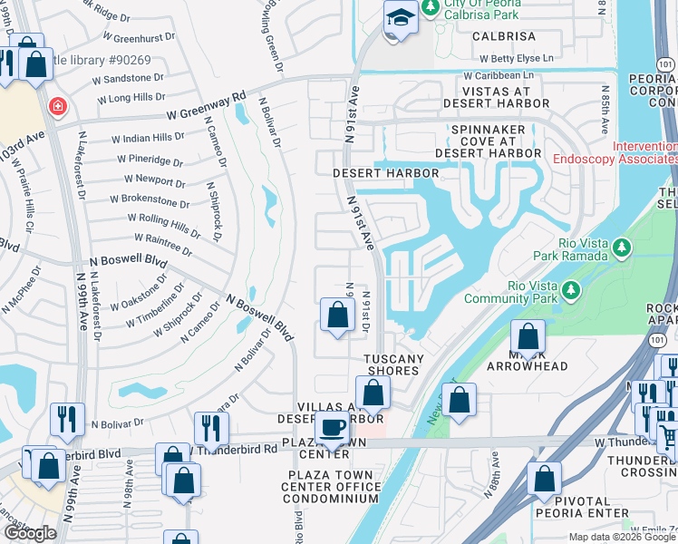 map of restaurants, bars, coffee shops, grocery stores, and more near 9139 West Acoma Drive in Peoria