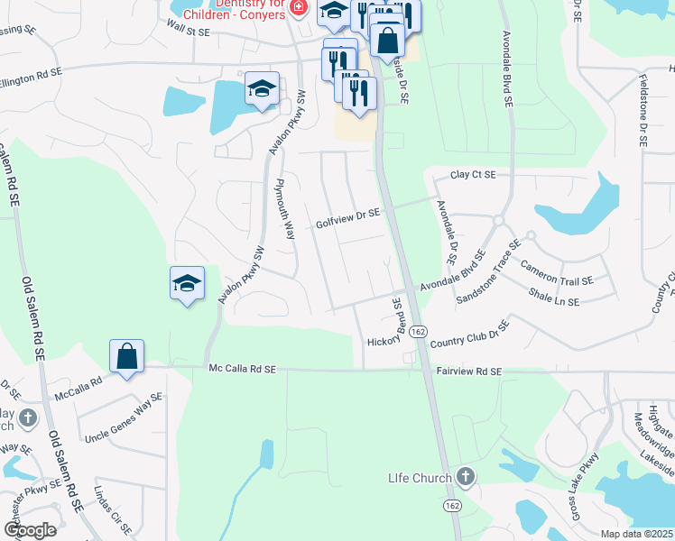 map of restaurants, bars, coffee shops, grocery stores, and more near 2625 Country Trce Southeast in Conyers