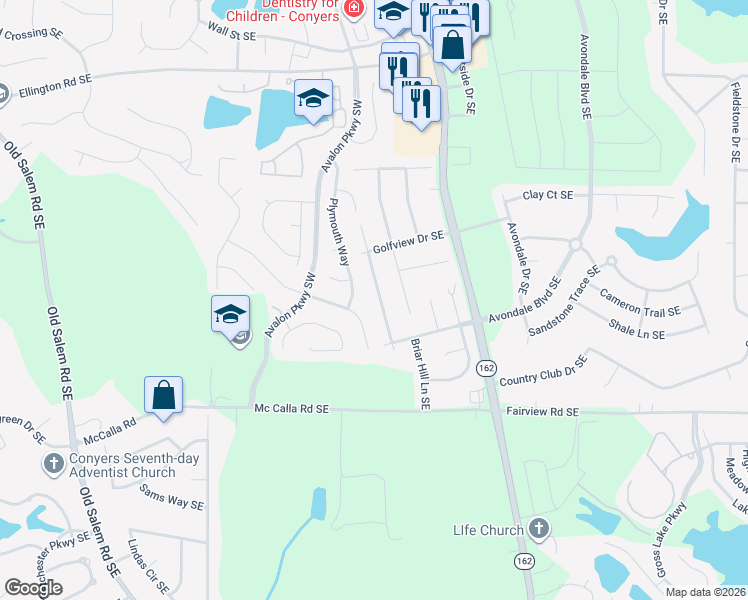 map of restaurants, bars, coffee shops, grocery stores, and more near 2625 Country Trce Southeast in Conyers