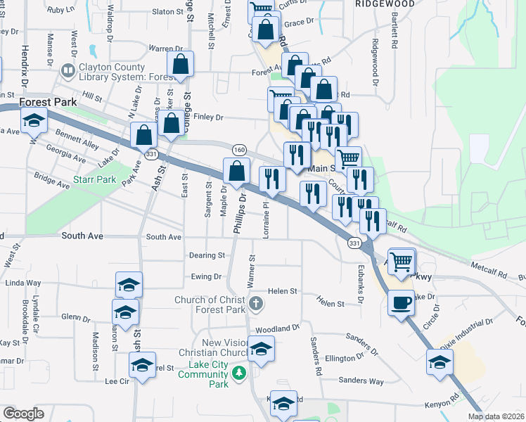 map of restaurants, bars, coffee shops, grocery stores, and more near 5052 Lorraine Place in Forest Park
