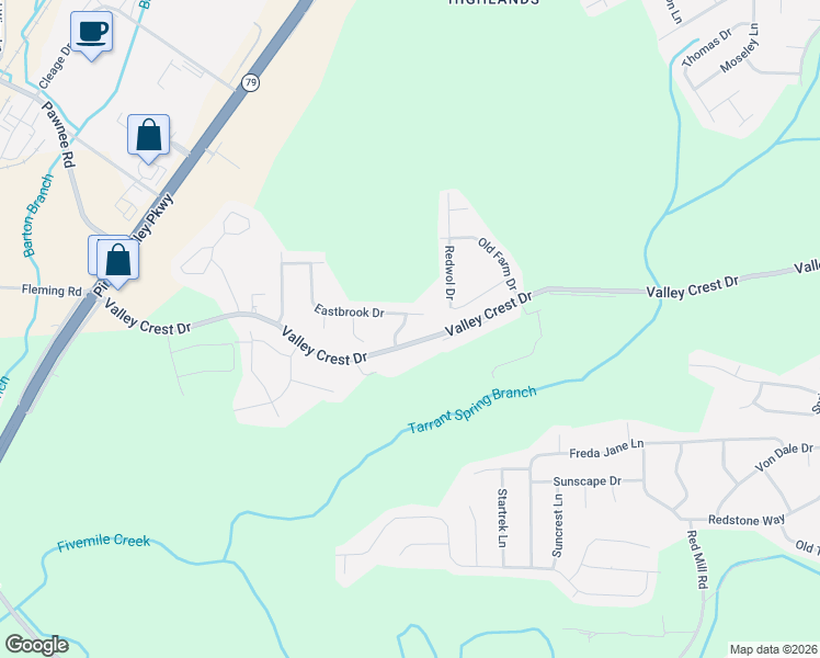 map of restaurants, bars, coffee shops, grocery stores, and more near 443 Valley Crest Drive in Birmingham
