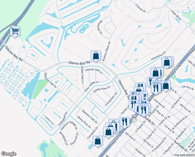 map of restaurants, bars, coffee shops, grocery stores, and more near 4 Lone Oak Lane in Myrtle Beach