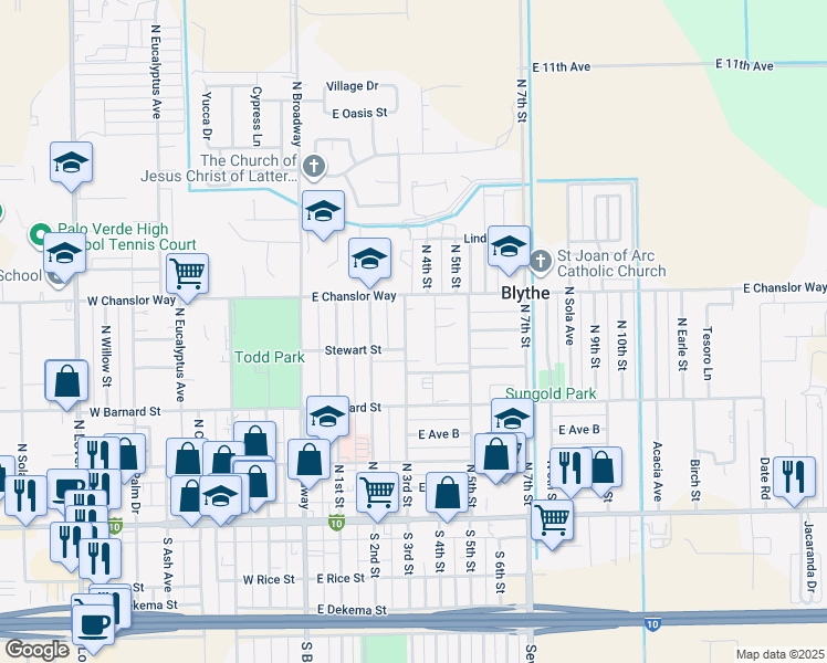 map of restaurants, bars, coffee shops, grocery stores, and more near 430 North 3rd Street in Blythe