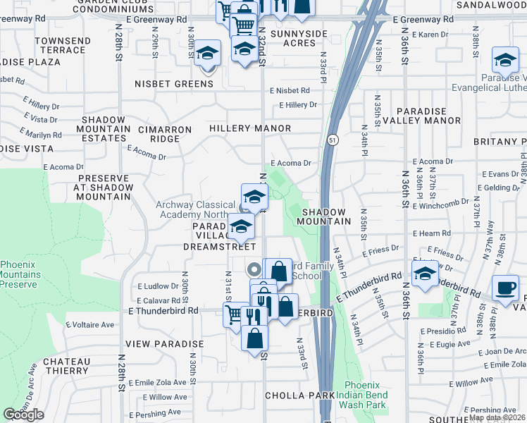 map of restaurants, bars, coffee shops, grocery stores, and more near 14200 North 32nd Street in Phoenix