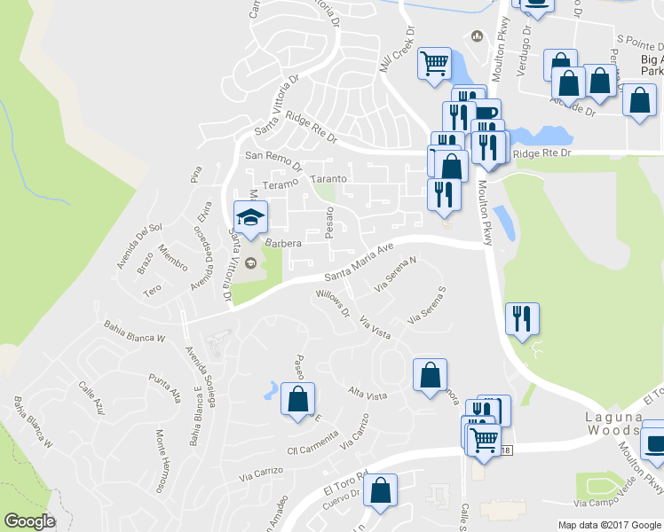 map of restaurants, bars, coffee shops, grocery stores, and more near 23831 Pesaro in Laguna Hills