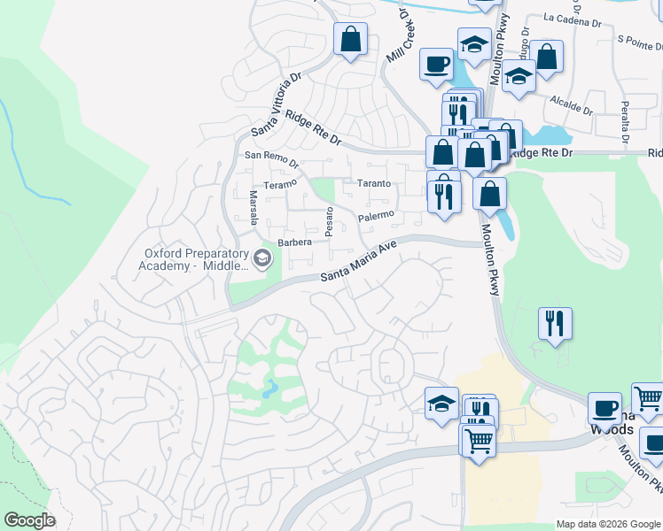 map of restaurants, bars, coffee shops, grocery stores, and more near 23831 Pesaro in Laguna Hills