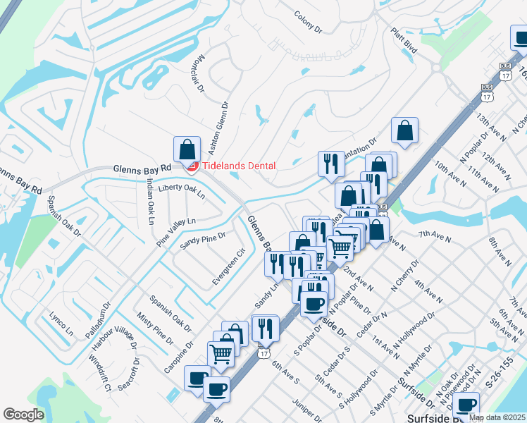 map of restaurants, bars, coffee shops, grocery stores, and more near 202 Glenns Bay Road in Myrtle Beach