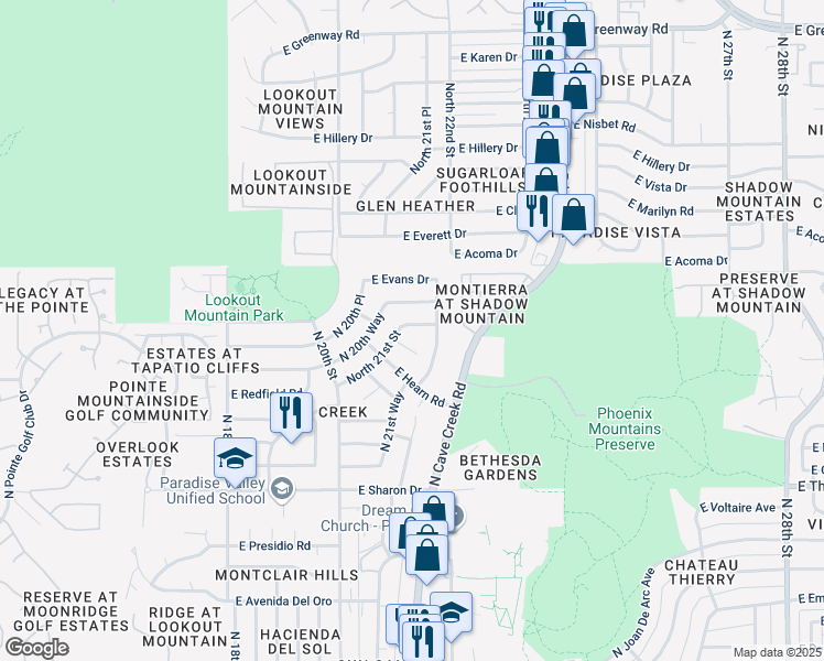 map of restaurants, bars, coffee shops, grocery stores, and more near 2121 East Winchcomb Drive in Phoenix