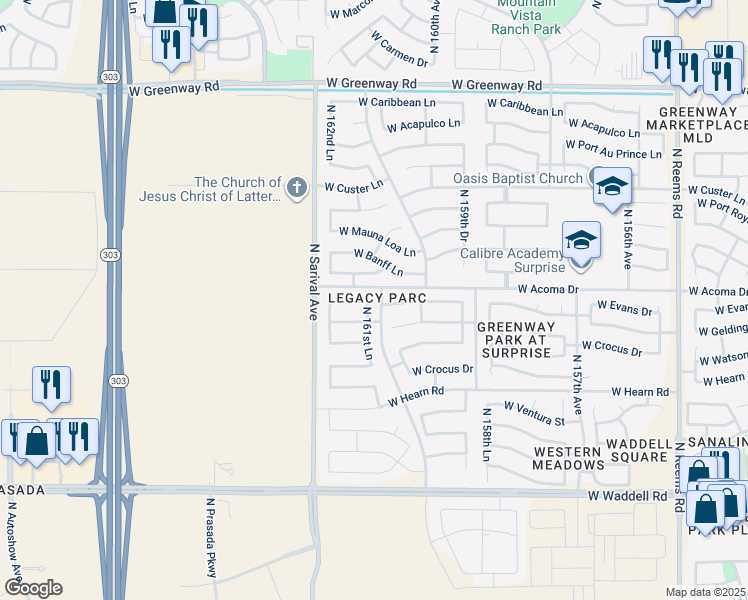 map of restaurants, bars, coffee shops, grocery stores, and more near 14529 North 161st Lane in Surprise