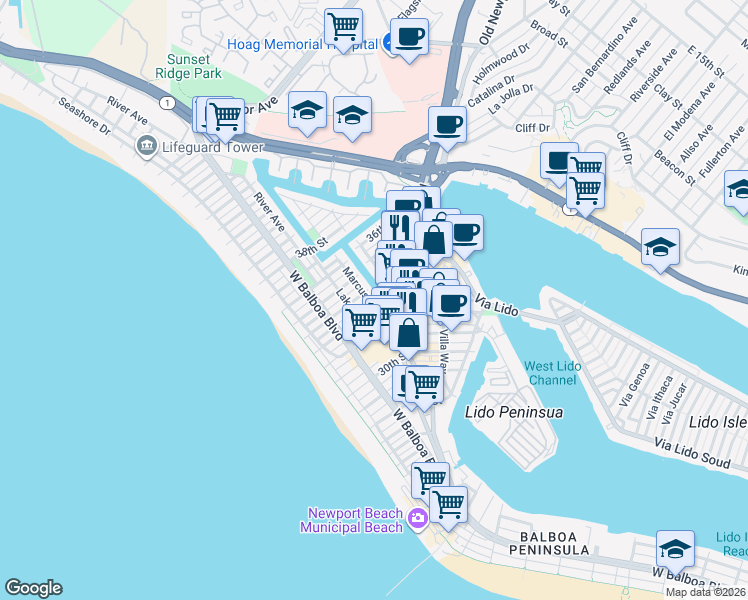 map of restaurants, bars, coffee shops, grocery stores, and more near 3304 Marcus Avenue in Newport Beach