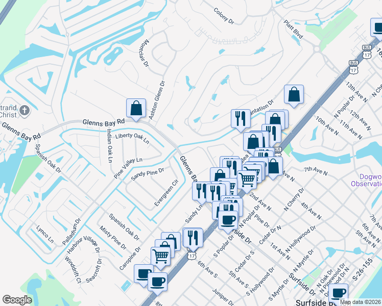 map of restaurants, bars, coffee shops, grocery stores, and more near 202 Glenns Bay Road in Myrtle Beach