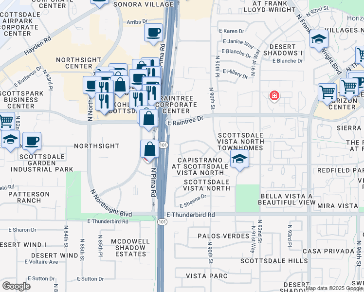 map of restaurants, bars, coffee shops, grocery stores, and more near 8907 East Palm Ridge Drive in Scottsdale