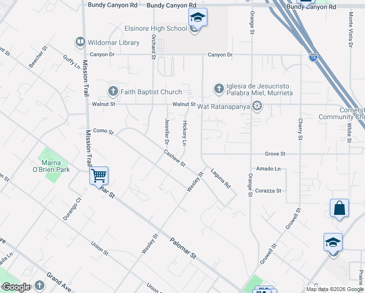 map of restaurants, bars, coffee shops, grocery stores, and more near 34715 Hickory Lane in Wildomar