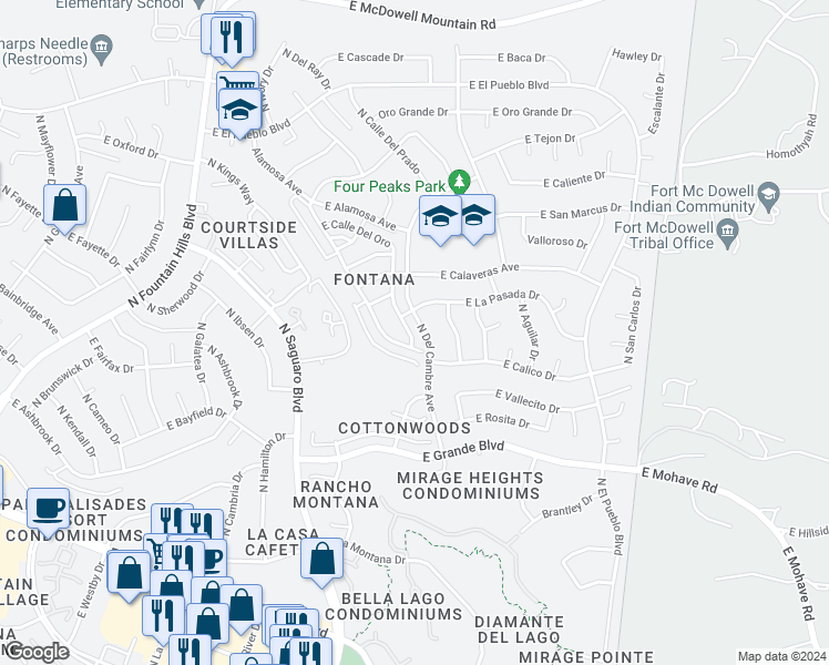 map of restaurants, bars, coffee shops, grocery stores, and more near 14211 North Calle Del Oro in Fountain Hills