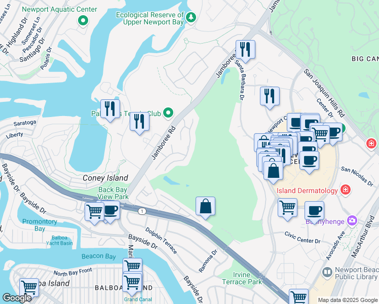 map of restaurants, bars, coffee shops, grocery stores, and more near 56 Ocean Vista in Newport Beach