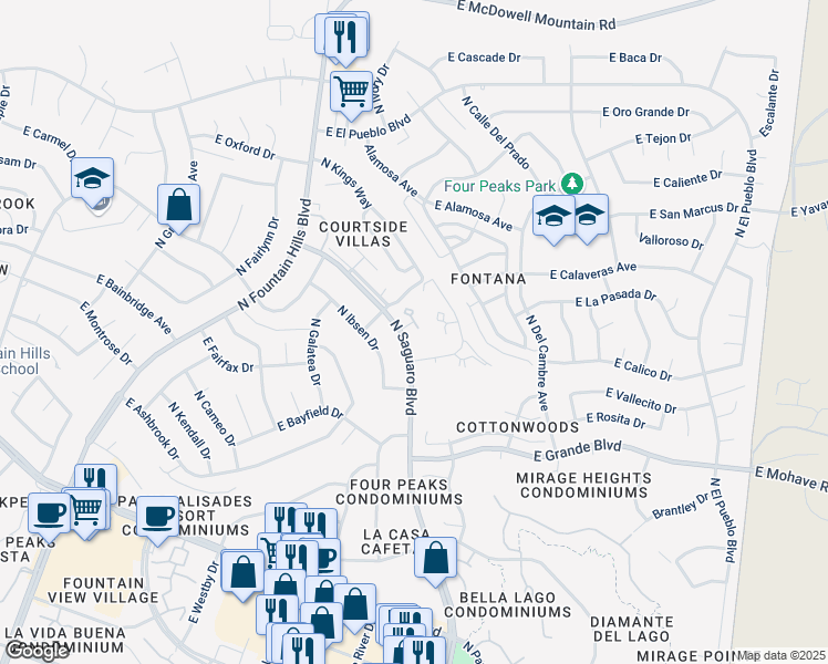 map of restaurants, bars, coffee shops, grocery stores, and more near 14258 N Boxwood Ln in Fountain Hills