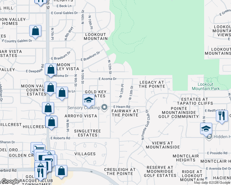 map of restaurants, bars, coffee shops, grocery stores, and more near 1207 East Rowlands Lane in Phoenix