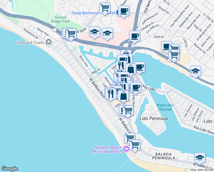 map of restaurants, bars, coffee shops, grocery stores, and more near 303 34th Street in Newport Beach