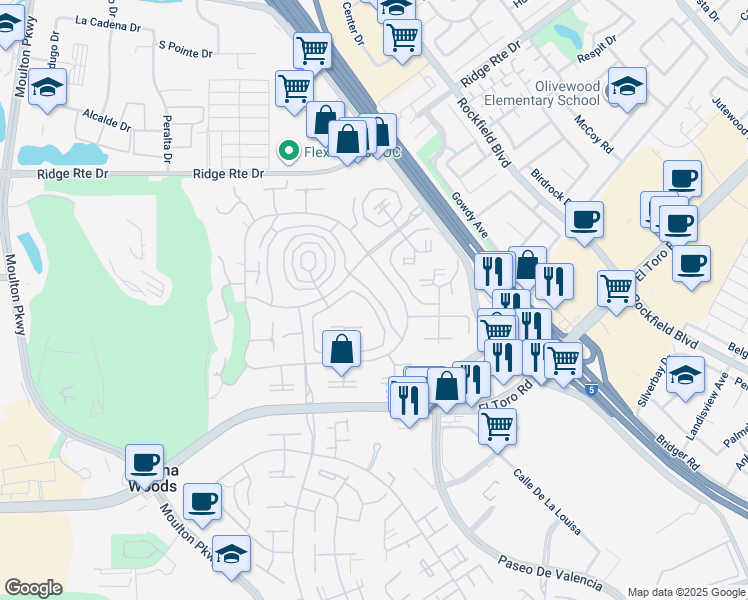 map of restaurants, bars, coffee shops, grocery stores, and more near 2183 Via Mariposa East in Laguna Woods