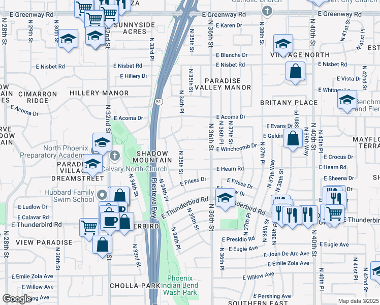 map of restaurants, bars, coffee shops, grocery stores, and more near 3515 East Winchcomb Drive in Phoenix