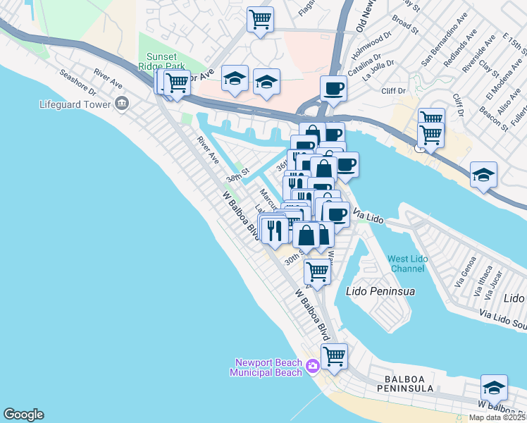 map of restaurants, bars, coffee shops, grocery stores, and more near 301 34th Street in Newport Beach