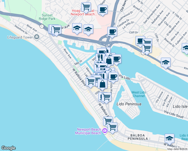 map of restaurants, bars, coffee shops, grocery stores, and more near 3304 Marcus Avenue in Newport Beach