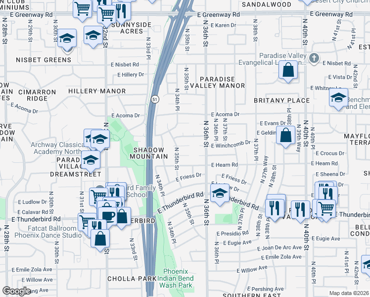 map of restaurants, bars, coffee shops, grocery stores, and more near 3515 East Winchcomb Drive in Phoenix