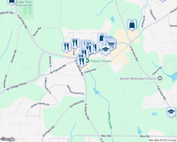 map of restaurants, bars, coffee shops, grocery stores, and more near 2064 Panola Road in Ellenwood