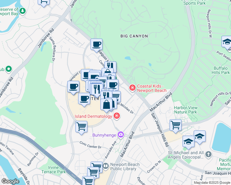 map of restaurants, bars, coffee shops, grocery stores, and more near 550 Newport Center Drive in Newport Beach