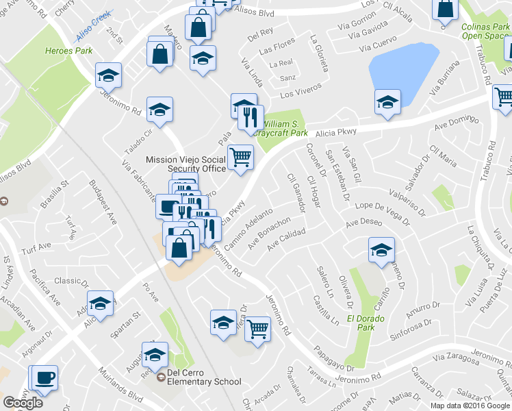 map of restaurants, bars, coffee shops, grocery stores, and more near 72 Parroco in Mission Viejo
