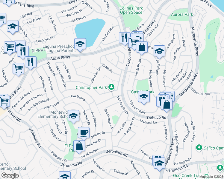 map of restaurants, bars, coffee shops, grocery stores, and more near 26801 Valpariso Drive in Mission Viejo