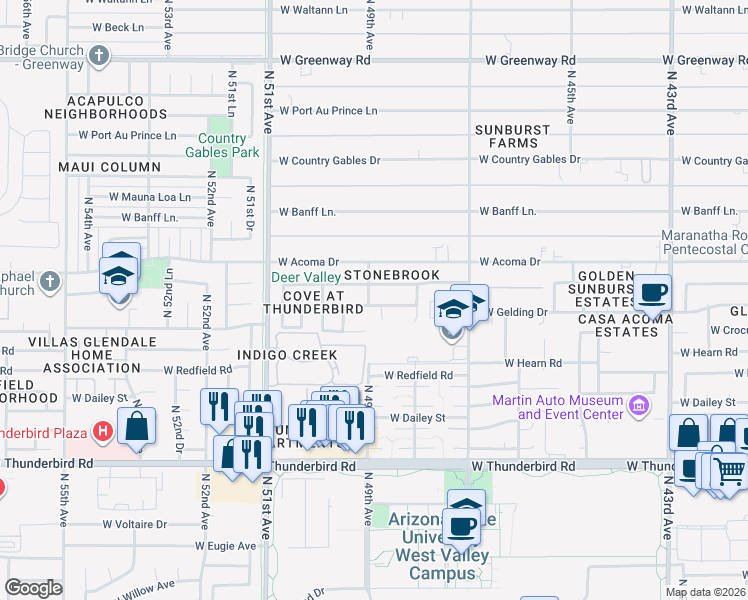 map of restaurants, bars, coffee shops, grocery stores, and more near 4844 West Gelding Drive in Glendale