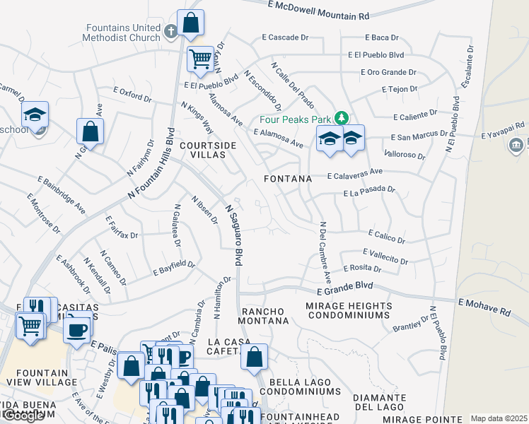 map of restaurants, bars, coffee shops, grocery stores, and more near 14249 North Oakwood Lane in Fountain Hills