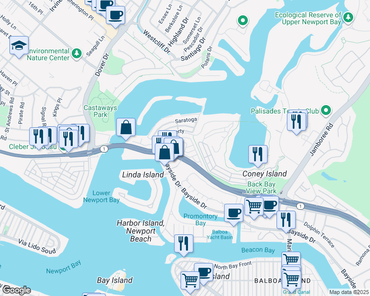 map of restaurants, bars, coffee shops, grocery stores, and more near 205 Tremont Drive in Newport Beach