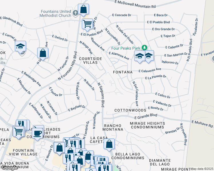 map of restaurants, bars, coffee shops, grocery stores, and more near 14258 North Boxwood Lane in Fountain Hills