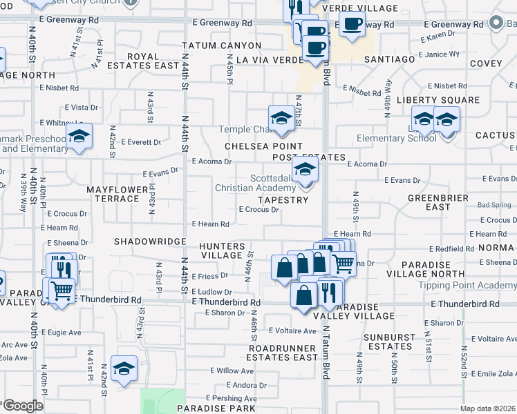 map of restaurants, bars, coffee shops, grocery stores, and more near 4564 East Crocus Drive in Phoenix