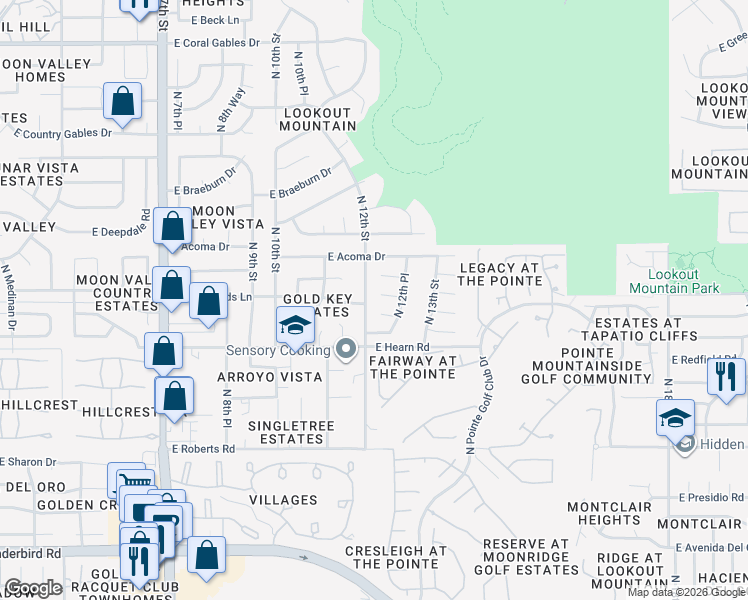 map of restaurants, bars, coffee shops, grocery stores, and more near 1207 East Rowlands Lane in Phoenix