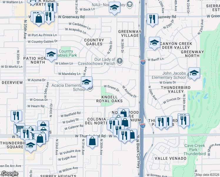 map of restaurants, bars, coffee shops, grocery stores, and more near 2923 West Evans Drive in Phoenix