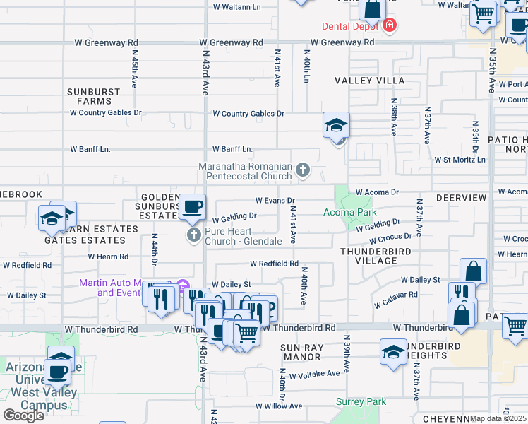 map of restaurants, bars, coffee shops, grocery stores, and more near 4144 West Gelding Drive in Phoenix
