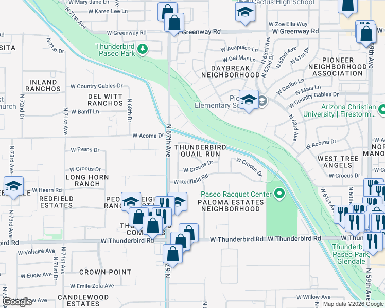map of restaurants, bars, coffee shops, grocery stores, and more near 6510 West Gelding Drive in Glendale