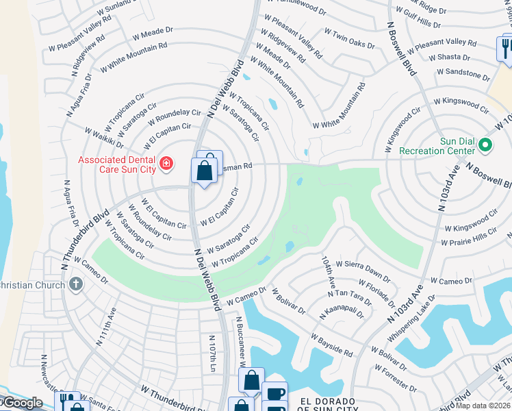 map of restaurants, bars, coffee shops, grocery stores, and more near 10509 West Saratoga Circle in Sun City