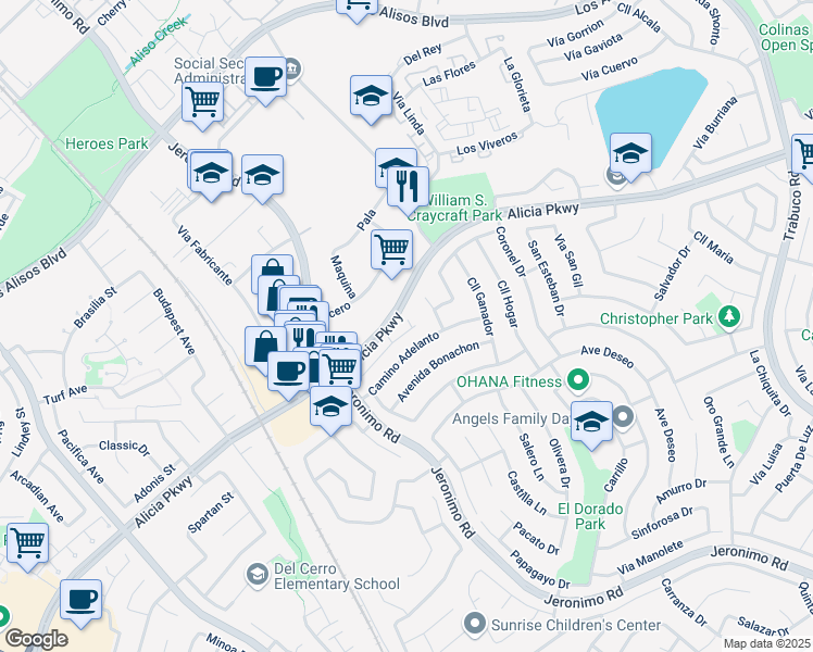 map of restaurants, bars, coffee shops, grocery stores, and more near 72 Parroco in Mission Viejo