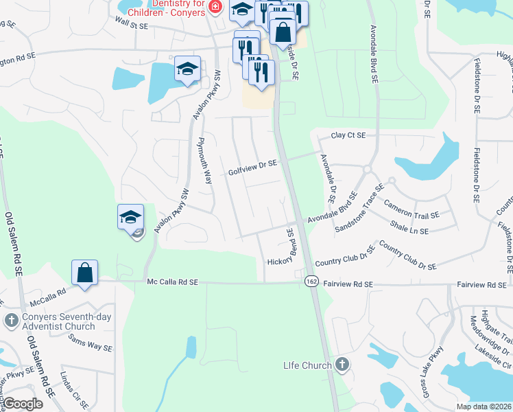 map of restaurants, bars, coffee shops, grocery stores, and more near 2788 Coventry Green Southeast in Conyers
