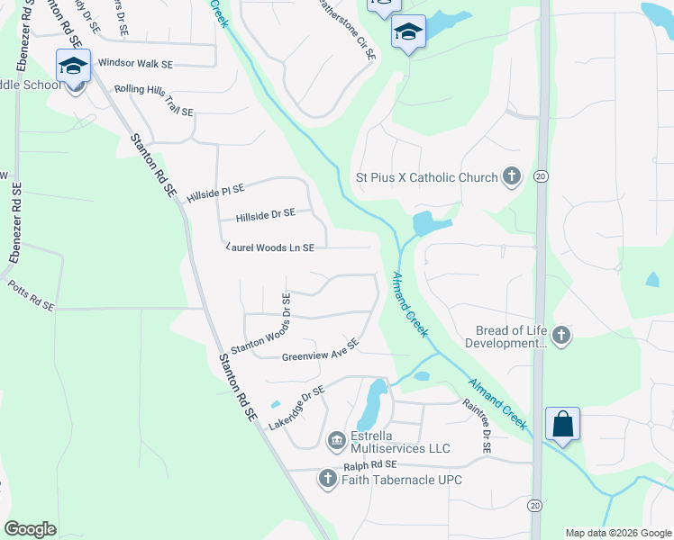 map of restaurants, bars, coffee shops, grocery stores, and more near 650 Pine Ridge Trail Southeast in Conyers