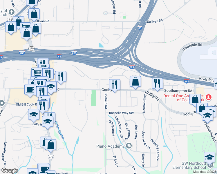 map of restaurants, bars, coffee shops, grocery stores, and more near 2225 Godby Road in College Park